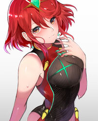  bare_arms bare_shoulders blush breasts brown_eyes closed_mouth commentary_request earrings female hand_up highres jewelry looking_at_viewer medium_breasts one-piece_swimsuit pyra_(xenoblade) red_hair short_hair simple_background sleeveless smile solo swimsuit tarbo_(exxxpiation) tiara upper_body water water_drop wet xenoblade_chronicles_(series) xenoblade_chronicles_2 