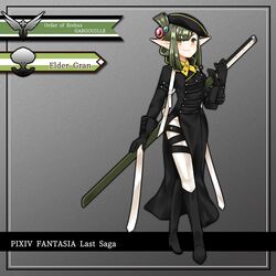  black_dress black_footwear black_gloves black_headwear breasts copyright_name dress emisuke_109 female full_body gloves green_hair grey_background hair_ornament holding holding_sword holding_weapon long_sleeves pixiv_fantasia pixiv_fantasia_last_saga pointy_ears raharu_(pixiv_fantasia_last_saga) sheath small_breasts solo sword weapon yellow_eyes 