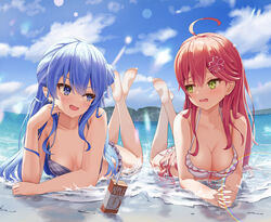  2girls absurdres adapted_costume ahoge alternate_breast_size apple_juice armpit_crease asakura_(asa_t77) bare_legs barefoot beach bikini blue_bikini blue_eyes blue_hair blue_sky blush breasts cleavage cloud cloudy_sky collarbone commentary_request crossed_legs day earrings eyelashes feet feet_up frilled_bikini frills green_eyes hair_between_eyes hair_ornament hair_ribbon hairclip highres hololive hoshimachi_suisei jewelry juice juice_box knees_apart_feet_together large_breasts legs lens_flare long_hair looking_at_another lying medium_breasts micomet_(hololive) multiple_girls on_stomach one_side_up outdoors plaid plaid_bikini ribbon sakura_miko shiny_skin sidelocks sky soles star_(symbol) star_in_eye swimsuit symbol_in_eye the_pose thighs toes virtual_youtuber water white_bikini 