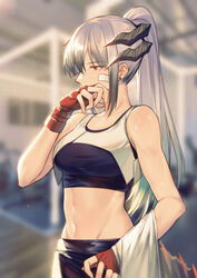  absurdres alternate_hairstyle arknights bare_arms bare_shoulders blurry blurry_background breasts collarbone crop_top depth_of_field earrings female fingerless_gloves gloves grey_hair hand_up highres horns indoors jewelry long_hair medium_breasts midriff navel ponytail red_eyes red_gloves saria_(arknights) sidelocks solo sports_bra stomach stud_earrings sweat tail two-tone_sports_bra upper_body yorukun 