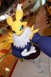  2023 2:3 3d_(artwork) absurd_res accessory anthro bandai_namco black_sclera blender_(artwork) blue_eyes bottomwear bow_ribbon breasts canid canine clothed clothing digimon digimon_(species) digital_media_(artwork) female fever-dreamer fingerless_gloves footwear fox fur gloves glowing glowing_eyes hair_accessory hand_under_breast handwear hi_res inside leggings legwear looking_at_viewer looking_up mammal mane multicolored_body multicolored_fur pattern_bottomwear pattern_clothing pattern_skirt plaid plaid_bottomwear plaid_clothing plaid_skirt renamon renamon_(dogzeela) ruff selfie skirt sleeveless_shirt smile socks solo sweater sweater_vest tongue tongue_out topwear vest white_body white_fur yellow_body yellow_fur 