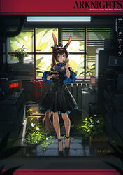  ahoge alternate_costume amiya_(arknights) animal_ear_fluff animal_ears arknights bare_legs bare_shoulders black_dress black_footwear black_gloves blue_eyes blue_ribbon blush breasts can cellphone closed_mouth computer_keyboard copyright_name corded_phone cup dated dress drinking_glass english_text female fire_extinguisher flower_pot fly_tutu full_body gloves high_heels highres holding holding_phone indoors long_hair long_sleeves looking_at_viewer monitor partially_fingerless_gloves phone photocopier photoshop_(medium) plant ponytail potted_plant rabbit_ears rabbit_girl ribbon single_glove smartphone smile solo standing tile_floor tiles very_long_hair window 