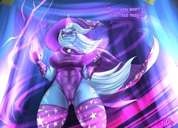  absurd_res anthro anthrofied ass big_breasts biped blue_body breasts butt_from_the_front clothed clothing derpx1 dialogue english_text equid equine female friendship_is_magic hasbro hi_res horn magic mammal my_little_pony mythological_creature mythological_equine mythology solo text trixie_(mlp) unicorn 