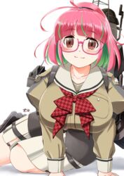  absurdres adapted_turret anti-aircraft_gun blouse bow bowtie breasts corset depth_charge female glasses green_hair green_shirt grey_sailor_collar grey_skirt highres juliet_sleeves kantai_collection large_breasts long_sleeves looking_at_viewer machinery multicolored_hair open_mouth pink-framed_eyewear pink_hair pleated_skirt ponytail puffy_sleeves red_bow red_eyes sailor_collar sailor_shirt school_uniform serafuku shirt sitting skirt smile smokestack solo streaked_hair torpedo_launcher torpedo_tubes ume_(kancolle) watashitachino_kareshi 