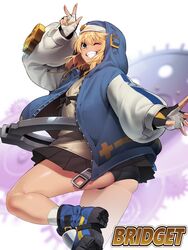  1boy ain(in) androgyne_symbol androgynous arc_system_works ass blonde_hair blue_eyes boots bridget butt clothes femboy girly guilty_gear guilty_gear_strive hoodie in_(ain) light_skin mostly_clothed nun nun&#039;s_habit otoko_no_ko short shorts smile smiling tagme teenager thick thick_ass thick_thighs thighs wink winking 