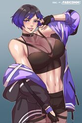  1girls alternate_breast_size athletic_female big_breasts black_and_purple_hair cleavage ernez ernez_996 female female_abs female_only fit_female fully_clothed jerukperas namco purple_eyes reina_mishima smile solo sweaty_moza tekken tekken_8 tomboy 