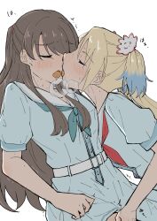  2girls between_legs blonde_hair blush brown_hair closed_eyes commentary dress flower fujishima_megumi gradient_hair hair_between_eyes hair_flower hair_ornament hand_between_legs hasu_no_sora_school_uniform highres himero imminent_kiss implied_fingering link!_like!_love_live! long_hair love_live! medium_dress multicolored_hair multiple_girls neckerchief open_mouth osawa_rurino out-of-frame_censoring red_neckerchief school_uniform short_sleeves simple_background sweat tongue tongue_out trembling untranslatable_commentary white_background yuri 