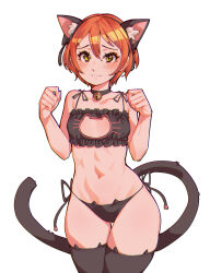  animal_ears ass_visible_through_thighs bell black_thighhighs blush breasts brown_eyes brown_hair cat_cutout cat_ear_panties cat_ears cat_lingerie cat_tail clothing_cutout collar commentary embarrassed english_commentary fake_tail female highres hoshizora_rin love_live! love_live!_school_idol_project navel neck_bell panties short_hair small_breasts solo tail thigh_gap thighhighs toadsterz underwear white_background wide_hips 