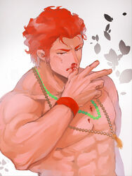  1boy aged_down alexandros_(fate) bara beard blood bruise facial_hair fate/grand_order fate_(series) frown hand_up highres injury iskandar_(fate) jewelry large_pectorals long_sideburns looking_at_viewer male_focus muscular muscular_male necklace nosebleed nude pectorals red_eyes red_hair serious shababuru short_hair sideburns solo upper_body wiping_blood wiping_nose 