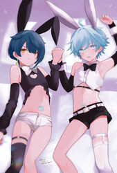  2boys ahoge animal_ears asymmetrical_bangs asymmetrical_legwear bare_shoulders bishounen blue_eyes blue_hair chongyun_(genshin_impact) cleavage_cutout clothing_cutout commentary_request detached_sleeves earrings fake_animal_ears from_above frown genshin_impact highres holding holding_hands jewelry leotard light_blue_hair looking_at_viewer looking_up lying male_focus mismatched_legwear multiple_boys navel on_back open_mouth otoko_no_ko playboy_bunny pubic_tattoo rabbit_ears rrr_gns_(riuriu_1212) short_hair shorts simple_background single_earring stomach stomach_tattoo strapless strapless_leotard tassel tassel_earrings tattoo thighhighs wrist_cuffs xingqiu_(genshin_impact) yellow_eyes 