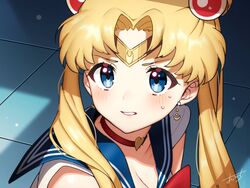  bishoujo_senshi_sailor_moon bishoujo_senshi_sailor_moon_s blonde_hair blue_eyes blue_sailor_collar blush breasts choker circlet cleavage collarbone crescent crescent_earrings derivative_work earrings female hair_ornament hair_over_shoulder heart heart_choker highres jewelry long_hair magical_girl medium_breasts meme parted_lips red_choker sailor_collar sailor_moon sailor_moon_redraw_challenge_(meme) sailor_senshi_uniform screenshot_redraw signature sleeveless solo sweatdrop tsukino_usagi twintails upper_body yoshihiro_(yoshihiro12190) 