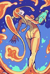  akairiot arched_back arm_cannon ass bodysuit breasts english_commentary female highres impossible_bodysuit impossible_clothes kneepits large_breasts long_hair looking_back metroid metroid_fusion orange_bodysuit orange_hair sa-x skin_tight slime_(substance) solo very_long_hair weapon yellow_eyes 