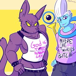  1:1 angel_(dragon_ball) anthro beerus blue_body blue_skin clothed clothing deity digital_media_(artwork) domestic_cat dragon_ball dragon_ball_super duo english_text felid feline felis fizzyjay fur hair hairless hairless_cat hi_res humanoid humor looking_at_viewer male mammal midriff purple_body purple_eyes purple_fur shirt simple_background sphynx_(cat) tank_top text topwear whis white_hair yellow_sclera 