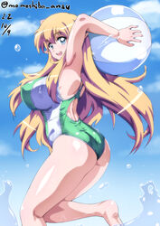  arms_behind_head artist_name ass ball beachball blonde_hair blue_eyes breasts cloud competition_swimsuit dated day feet female kneepits large_breasts legs long_hair looking_at_viewer nafta ocean one-piece_swimsuit open_mouth pointy_ears sky solo swimsuit thighs tiffania_westwood very_long_hair water zero_no_tsukaima 