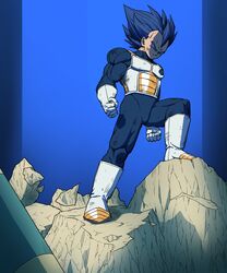  1boy absurdres armor bakarott battle_damage blue_hair boots clenched_hands closed_mouth dark_blue_hair dragon_ball dragon_ball_super full_body gloves highres male_focus serious solo spiked_hair standing super_saiyan super_saiyan_blue super_saiyan_blue_evolved vegeta white_footwear white_gloves 