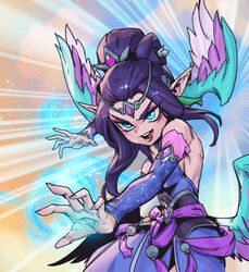  :d arm_up bare_shoulders blue_sleeves breasts detached_sleeves dress eyeshadow female fingernails gem green_eyes hair_bun hair_ornament large_breasts league_of_legends majestic_empress_morgana makeup morgana_(league_of_legends) multicolored_wings multiple_wings nail_polish official_alternate_costume official_alternate_hairstyle open_mouth phantom_ix_row pink_dress pink_nails pink_sleeves pointy_ears purple_nails single_hair_bun smile solo teeth tongue wings 