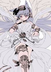  absurdres ancient_greek_clothes animal_ears armlet bow bracer cosplay ear_bow engawa_(engawagorigori) feet_out_of_frame female from_below gold_ship_(umamusume) granblue_fantasy greco-roman_clothes grey_hair headgear helel_ben_sahar_(granblue_fantasy) helel_ben_sahar_(granblue_fantasy)_(cosplay) highres himation horse_ears horse_girl long_hair looking_down lucio_(granblue_fantasy) official_alternate_costume peplos pillbox_hat pink_eyes shawl solo thighs umamusume 