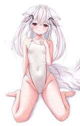  absurdres animal_ears bad_id bad_pixiv_id barefoot breasts commission competition_swimsuit covered_navel female fox_ears fox_girl fox_tail guild_cq highleg highleg_swimsuit highres kurenagi_eri long_hair looking_at_viewer multicolored_hair ncontrail_(mgax7527) one-piece_swimsuit red_eyes red_hair simple_background sitting skeb_commission small_breasts solo streaked_hair swimsuit tail two-tone_hair two-tone_swimsuit virtual_youtuber wariza white_background white_hair white_one-piece_swimsuit 