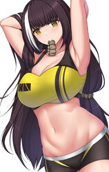  absurdres alternate_costume armpits arms_behind_head artistic_error black_shorts blush breasts brown_hair cleavage closed_mouth collarbone commission english_commentary feet_out_of_frame female girls&#039;_frontline hair_ornament hairclip highres large_breasts long_hair looking_at_viewer mouth_hold multicolored_hair navel no_heterochromia pixiv_commission ro635_(girls&#039;_frontline) sheita shorts solo sports_bra standing white_background yellow_eyes yellow_sports_bra 