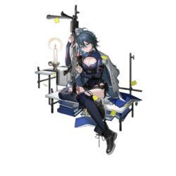  belt_pouch black_footwear black_pouch black_shorts blue_eyes blue_hair blue_shirt blue_thighhighs book boots breasts candle chest_strap cleavage cleavage_cutout closed_mouth clothing_cutout coat coat_on_shoulders cross-laced_footwear crossed_legs dark_blue_hair female full_body girls&#039;_frontline gun hair_ornament holding holding_gun holding_weapon lace-up_boots large_breasts long_hair long_sleeves looking_down low_twintails m240 m240l_(girls&#039;_frontline) machine_gun medal nunok official_art open_book pouch sad shirt shorts simple_background solo sticky_note thigh_strap thighhighs third-party_source torn_clothes torn_thighhighs transparent_background twintails very_long_hair weapon white_coat 