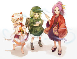  ability_card_(touhou) animal_ears backpack bag barefoot bell boots brown_footwear calico camouflage card cat_ears cat_girl cat_tail claw_pose coin commentary_request dragon female flat_cap flip-flops folded_fan folding_fan frilled_skirt frills full_body geta gold goutokuji_mike green_eyes green_hair green_headwear hand_fan hat holding holding_card holding_smoking_pipe japanese_clothes jewelry jingle_bell key key_necklace kimono kiseru koban_(gold) komakusa_sannyo leg_up long_hair maneki-neko medium_hair medium_skirt multicolored_clothes multicolored_hair multicolored_shirt multicolored_skirt multicolored_tail neck_bell necklace open_mouth orange_eyes patch patchwork_clothes pocket ponytail purple_hair purple_skirt red_eyes red_kimono red_robe ribbon robe sandals short_hair simple_background siyumu skirt skirt_set smoke smoking_pipe standing standing_on_one_leg streaked_hair tail tobacco toes touhou white_background white_hair wide_sleeves yamashiro_takane yellow_ribbon 