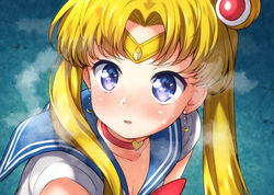  bishoujo_senshi_sailor_moon bishoujo_senshi_sailor_moon_s blonde_hair blue_eyes blue_sailor_collar blush choker circlet collarbone commentary_request crescent crescent_earrings derivative_work double_bun earrings female hair_bun hair_over_shoulder heart heart_choker heavy_breathing jewelry long_hair magical_girl meme miyabi_(miyabeeya) open_mouth parted_bangs red_choker sailor_collar sailor_moon sailor_moon_redraw_challenge_(meme) sailor_senshi_uniform screenshot_redraw solo sweat tsukino_usagi twintails upper_body 