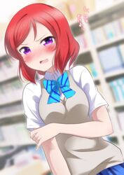  absurdres blue_bow blue_bowtie blue_skirt blurry blurry_background blush bow bowtie breasts commentary dutch_angle female grey_sweater highres looking_at_viewer love_live! love_live!_school_idol_festival_all_stars love_live!_school_idol_project medium_breasts nishikino_maki open_mouth otonokizaka_school_uniform purple_eyes red_hair school_uniform shirt short_hair short_sleeves skirt solo striped striped_bow summer_uniform sweater translated wavy_mouth white_shirt zero-theme 