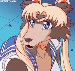  2020 anthro beastars blonde_hair blue_eyes canid canine canis clothed clothing cosplay crossover crossover_cosplay desertkaiju digital_media_(artwork) female hair hi_res juno_(beastars) mammal meme redraw retro_anime_style sailor_moon_(series) sailor_moon_redraw_challenge screencap_redraw solo style_emulation usagi_tsukino wig wolf 