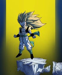  1boy absurdres bakarott clenched_hands closed_mouth dragon_ball dragon_ball_z floating full_body gotenks highres long_hair male_focus metamoran_vest muscular muscular_child muscular_male serious solo super_saiyan super_saiyan_3 yellow_theme 