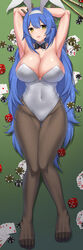  absurdres animal_ears armpits arms_behind_head black_bow black_bowtie black_gloves black_pantyhose blue_hair blush bow bowtie breasts card_game casino_card_table cleavage clip_studio_paint_(medium) collarbone commission covered_navel english_commentary fake_animal_ears female full_body girls&#039;_frontline gloves highres large_breasts leotard long_hair looking_at_viewer lying no_shoes official_alternate_costume on_back open_mouth pantyhose parted_lips pixiv_commission playboy_bunny rabbit_ears sheita simple_background smile solo table tar-21_(girls&#039;_frontline) tar-21_(night_at_the_bar)_(girls&#039;_frontline) thighs traditional_bowtie white_leotard yellow_eyes 