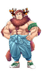  1boy abs absurdres animal_ears antlers arm_hair bara blue_overalls body_fur clothes_around_waist cow_ears deer_antlers deer_boy deer_ears facial_hair full_body goatee hairy hands_on_own_hips highres horns large_pectorals looking_to_the_side male_focus mature_male monster_boy muscular muscular_male navel_hair no_nipples original overalls pectorals pontaro shoes short_hair sideburns smile sneakers solo stubble tail thick_eyebrows topless_male white_background 