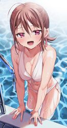  bikini breasts brown_hair chigusa_minori commentary_request female hair_ornament hair_ribbon half-closed_eyes halterneck highres kokoro_iroduku_koi_ga_shitai looking_at_viewer medium_breasts medium_hair mole mole_on_neck momose_akari navel open_mouth pool pool_ladder purple_eyes purple_ribbon ribbon side-tie_bikini_bottom smile solo standing swimsuit wading water wet white_bikini 