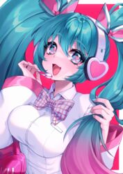  blue_eyes blue_hair blue_nails blush bow bowtie breast_pocket breasts collared_shirt fangs female gradient_hair hatsune_miku headphones heart heart-shaped_pupils highres large_breasts lips long_hair long_sleeves multicolored_hair murmoruno open_mouth pink_hair pocket shirt smile solo symbol-shaped_pupils twintails two-tone_hair upper_body vocaloid white_shirt 