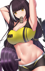  absurdres alternate_costume armpits arms_behind_head artistic_error black_shorts blush breasts brown_hair cleavage closed_mouth collarbone commission english_commentary feet_out_of_frame female girls&#039;_frontline hair_ornament hairclip highres large_breasts long_hair looking_at_viewer mouth_hold multicolored_hair navel no_heterochromia pixiv_commission ro635_(girls&#039;_frontline) sheita shorts simple_background solo sports_bra standing yellow_eyes yellow_sports_bra 