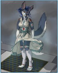  2021 4:5 absurd_res anthro blue_hair bottomwear breasts canid canine canis clothed clothing copyright_symbol ear_piercing eyewear female fleety_(artist) fleety_(character) furgonomics glasses hair herm_(lore) hi_res jewelry legwear looking_at_viewer lupinossai mammal marilyn_monroe medical_instrument nurse nurse_clothing nurse_uniform pendant piercing raised_bottomwear raised_clothing raised_skirt red_eyes scar scientific_instrument sidewalk skirt solo stethoscope stockings symbol tail tail_through_skirt tattoo the_seven_year_itch underwear uniform upskirt vent wind_lift wolf 