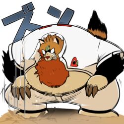  1:1 2021 96_gatefield anthro baseball_uniform bottomwear brown_body brown_fur canid canine clothed clothing dorabase doraemon fur kemono leaf male mammal open_clothing open_topwear overweight overweight_male pants pokoemon_(character) raccoon_dog shirt solo sportswear tanuki topwear uniform 