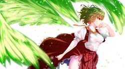  ascot covered_mouth cowboy_shot detached_wings energy_wings female green_hair green_wings hand_on_own_face highres itocoh kazami_yuuka kioh_gyoku medium_hair orange_ascot plaid plaid_skirt plaid_vest red_eyes seihou shirt short_sleeves simple_background skirt solo touhou vest wavy_hair white_background white_shirt wings 