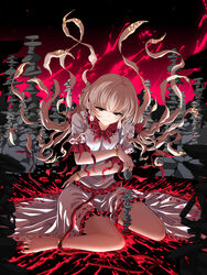  anklet barefoot commentary_request earrings ebisu_eika female floating_hair grey_hair highres jewelry long_earlobes long_hair looking_at_viewer red_eyes red_nails rihito_(usazukin) rock shirt sitting skirt smile solo stud_earrings thighs toenails touhou wariza white_shirt white_skirt 