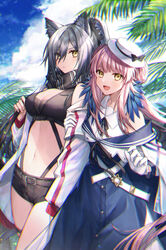  2girls :d animal_ear_fluff animal_ears arknights bare_shoulders belt black_belt black_bow black_scarf black_shorts blue_dress blue_feathers blue_sky bow breasts cat_ears ceylon_(arknights) chromatic_aberration cleavage cloud commentary cowboy_shot coyucom crop_top day dress feather_hair feathers gloves grey_hair hair_over_one_eye hat hat_bow hexagram highres jacket long_hair looking_at_viewer medium_breasts midriff multiple_girls navel off_shoulder open_clothes open_jacket open_mouth outdoors pink_hair scarf schwarz_(arknights) shirt short_shorts shorts sky smile standing star_of_david stomach thighs very_long_hair white_gloves white_headwear white_jacket white_shirt yellow_eyes 