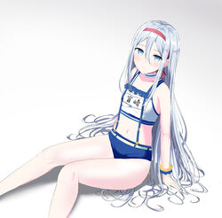  adapted_costume blue_eyes blue_shorts blush camisole closed_mouth commentary_request crop_top feet_out_of_frame female gradient_background grey_background grey_hair hair_between_eyes hashire!_taiikumatsuri!_~jikkou_iin_wa_ooisogashi~_(project_sekai) headband highres knees_together_feet_apart long_hair looking_at_viewer midriff morerin navel parted_bangs pink_headband project_sekai short_shorts shorts sitting solo suspender_shorts suspenders very_long_hair white_background white_camisole yoisaki_kanade 