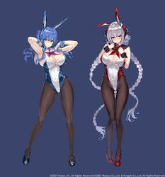  2girls animal_ears armpits arms_behind_head azur_lane black_footwear black_pantyhose black_sailor_collar blue_background blue_hair blue_leotard blush breasts closed_mouth covered_navel don_quijote_(store) fake_animal_ears full_body grey_hair highleg highleg_leotard highres horns huge_breasts large_breasts leotard long_hair looking_at_viewer multiple_girls neckerchief nuernberg_(azur_lane) official_art pantyhose playboy_bunny purple_neckerchief rabbit_ears red_footwear red_leotard red_neckerchief sailor_collar shiokonbu simple_background smile st._louis_(azur_lane) two-tone_leotard very_long_hair white_hair white_leotard white_sailor_collar 