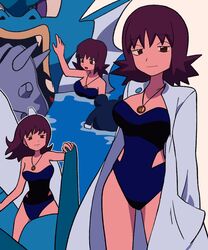  :d blue_one-piece_swimsuit breasts casual_one-piece_swimsuit closed_mouth cloyster coat collarbone commentary female flipped_hair gyarados hand_up holding jewelry long_hair multiple_views necklace one-piece_swimsuit open_clothes open_coat open_mouth outline partially_submerged philena_ivy pokemon pokemon_(anime) pokemon_(classic_anime) pokemon_(creature) poliwhirl purple_hair riding riding_pokemon sitting smile swimsuit tyako_089 water 