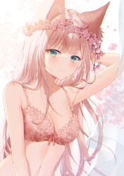  animal_ears arm_behind_head arm_up bare_arms bare_shoulders blush bow bow_bra bra breasts brown_bra brown_hair cherry_blossoms cleavage closed_mouth collarbone commentary_request curtains female flower flower_wreath fox_ears green_eyes head_wreath highres lingerie long_hair looking_at_viewer medium_breasts myusha original petals pink_flower solo transparent transparent_curtains underwear underwear_only upper_body very_long_hair 