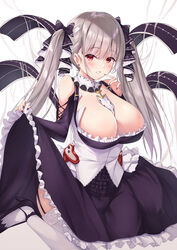  azur_lane bare_shoulders between_breasts black_nails blush bow breasts clothing_cutout commentary dress earrings female fingernails formidable_(azur_lane) frilled_dress frills grey_hair hair_ornament hairbow hand_up high_heels highres holding itaba_atsushi jewelry large_breasts long_dress long_hair looking_at_viewer maid nail_polish parted_lips red_eyes shiny_skin shoulder_cutout simple_background skirt_hold smile solo thighhighs twintails white_thighhighs 