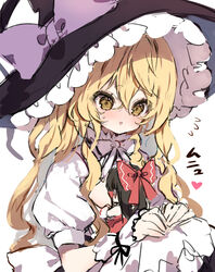  2girls blonde_hair blush bow detached_sleeves flying_sweatdrops hairbow hakurei_reimu hat hat_bow highres kirisame_marisa long_hair mini_person minigirl multiple_girls piyokichi puffy_short_sleeves puffy_sleeves red_bow shirt short_sleeves simple_background tail touhou white_background witch_hat yellow_eyes 