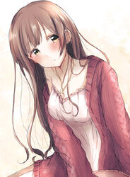  :o alternate_hairstyle aran_sweater baran._(ba_ra_ran) blush breasts brown_hair cable_knit camisole female head_tilt highres idolmaster idolmaster_cinderella_girls igarashi_kyoko jacket lace-trimmed_camisole lace_trim long_hair looking_at_viewer medium_breasts red_jacket ribbed_camisole simple_background solo strap_slip sweater sweater_jacket wavy_hair white_camisole 