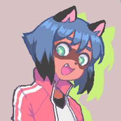  animal_ears black_hair blue_hair blush body_fur brand_new_animal collarbone eyebrows female furry furry_female green_eyes hcnone jacket kagemori_michiru looking_at_viewer multicolored_eyes multicolored_hair oerba_yun_fang open_mouth pink_eyes pixel_art raccoon_ears raccoon_girl red_jacket short_hair smile solo track_jacket two-tone_hair upper_body 