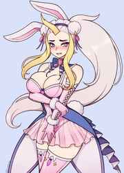  absurdres animal_ears blonde_hair blue_eyes blush breasts cleavage commission elbow_gloves eyeshadow female gloves highres horns large_breasts long_hair looking_at_viewer makeup miniskirt multicolored_hair open_mouth original pink_eyeshadow pink_gloves pink_thighhighs ponytail rabbit_ears rabbit_girl rabbit_tail see-through single_horn skirt solo tail the_scarlet_devil thighhighs thong white_hair 