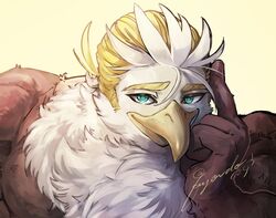  accipitrid accipitriform anthro avian beak bird blonde_hair blue_eyes bust_portrait eagle fuyoudo624 hair lifewonders looking_at_viewer male pecs portrait solo thunderbird_(tas) tokyo_afterschool_summoners 