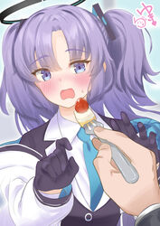  black_gloves blue_archive blue_eyes blush buttons cake collared_shirt dress_shirt feeding female food fork fruit gloves halo highres jacket long_hair long_sleeves looking_at_viewer mechanical_halo necktie off_shoulder open_clothes open_jacket open_mouth parted_bangs purple_hair shirt sidelocks snow-yuuki strawberry suit_jacket sweat two_side_up upper_body wavy_mouth white_jacket yuuka_(blue_archive) 